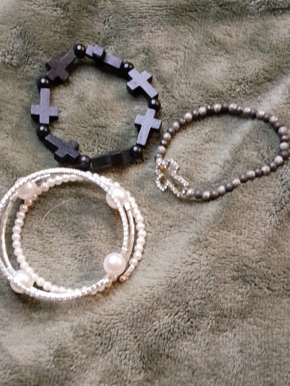 Mixed Bead and Pearl Cross Bracelet Set in Black, Silver, and White